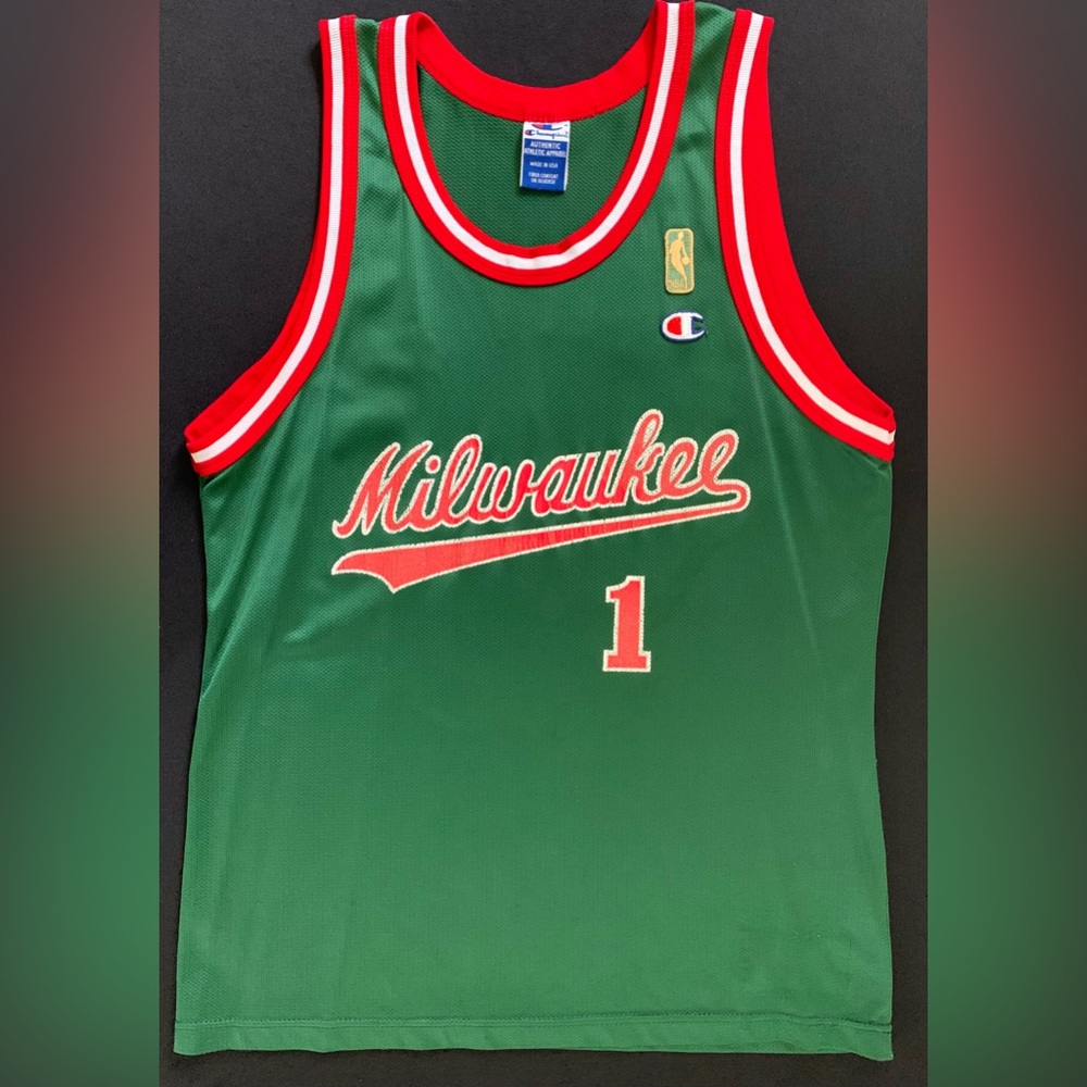 Vintage Champion NBA Oscar Robertson Milwaukee Bucks #1 Green Jersey Gold Logo - Picture 3 of 6